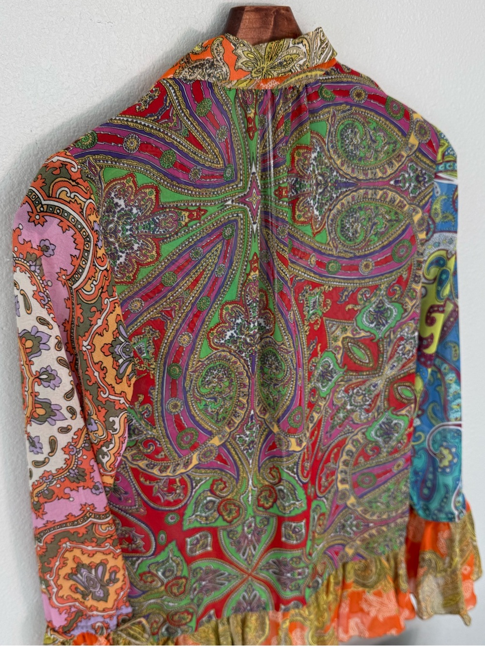 Zara Paisley Print Ruffle Blouse Boho Bell Sleeve Sheer Top Women Size S - Picture 12 of 12